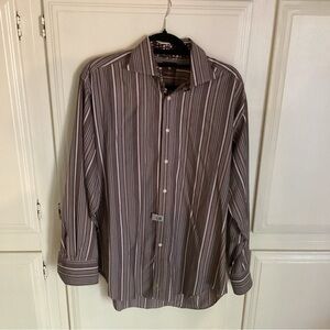 TailorByrd Button Shirt Men’s Large Brown Stripes Long Sleeve Contrast Cuff